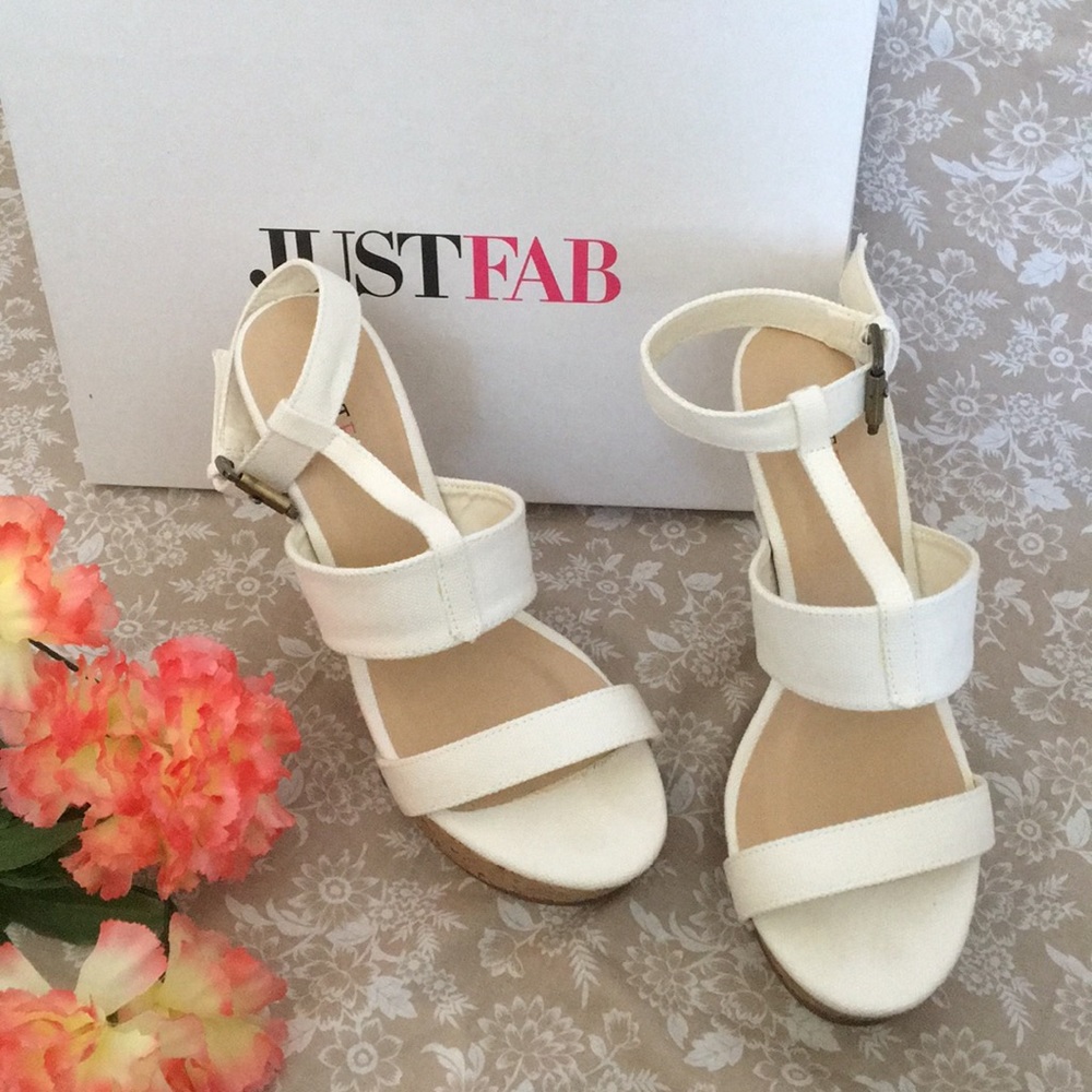 Just fab white and cork wedges
